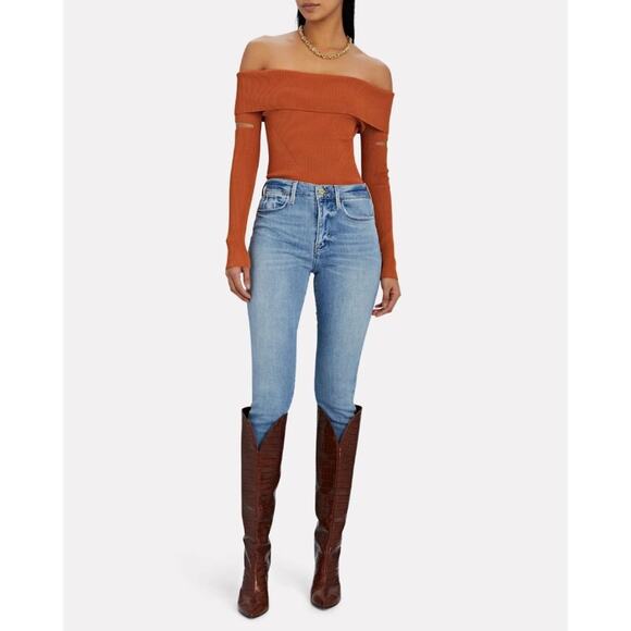 New Jonathan Simkhai Zayla Compact Knit Off Shoulder Sweater in Tobacco Size L - Picture 12 of 12